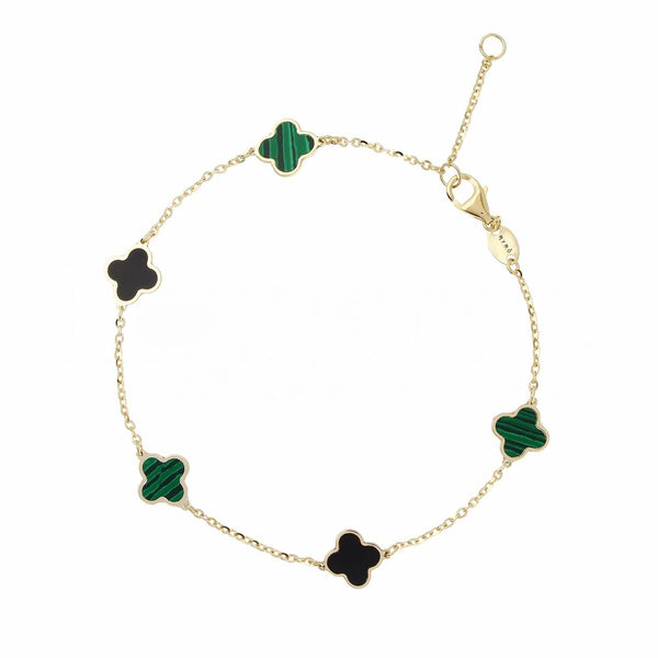 Bracciale quadrifogli alternato Malachite e Onice in Oro 18kt - My Mo Gioielli