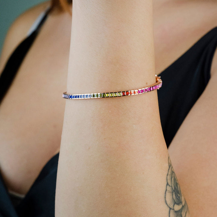 Bracciale Tennis zirconi Rainbow taglio carrè 3mm Placcato Oro Rosa 18Kt - My Mo Gioielli