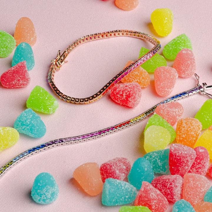 Bracciale Tennis zirconi Rainbow taglio carrè 3mm Placcato Oro Rosa 18Kt - My Mo Gioielli