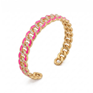 Pulsera rígida Groumette esmaltada rosa fluorescente y circonitas