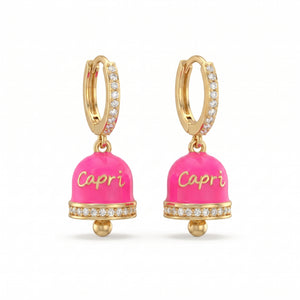 Pendientes de aro con circonitas y campanilla «Capri» rosa flúor